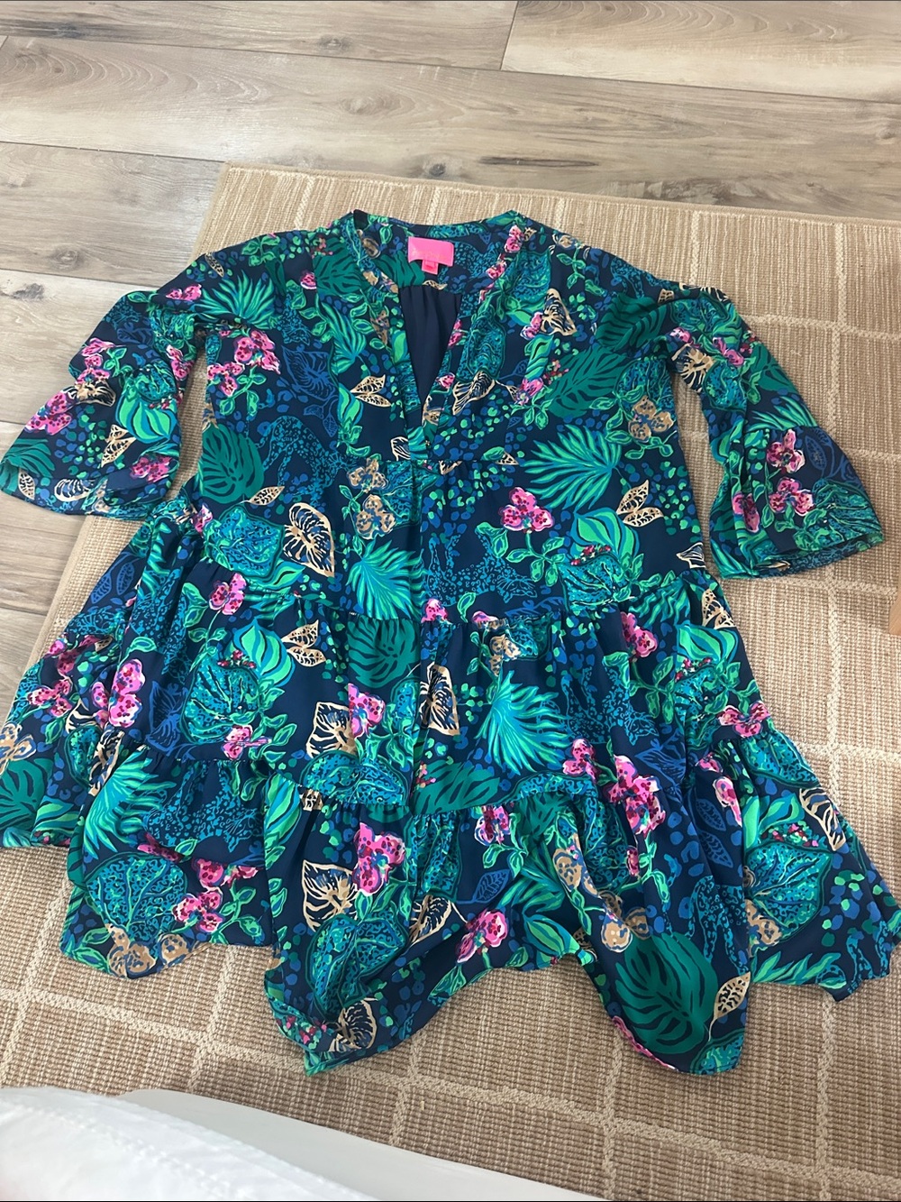 Lilly Pulitzer Navy Floral Dress with Teal, Green & Hot Pink Accents